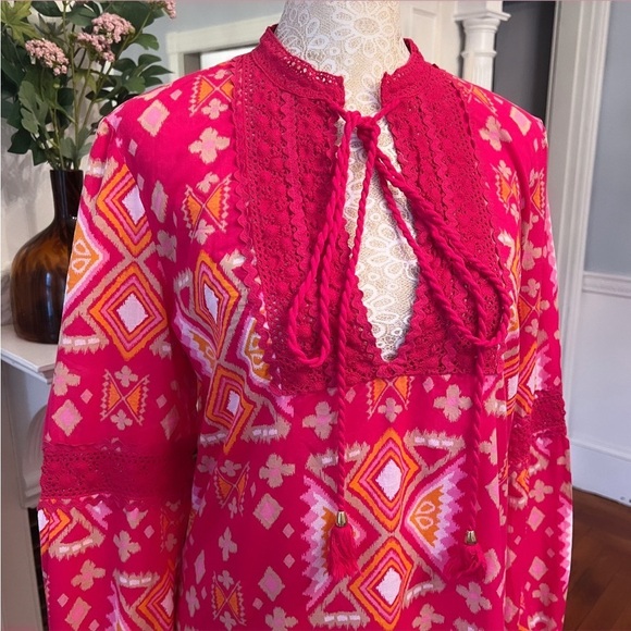 TORY BURCH 100% Cotton Pink & Orange Crotchet/Tassel Longsleeve Tunic Top Sz 6 - Picture 8 of 13